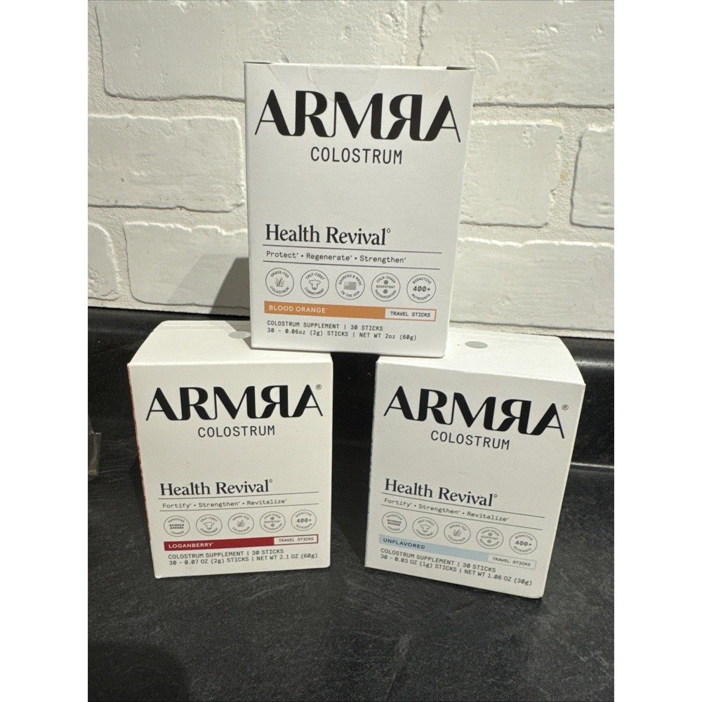 3 ARMRA Colostrum Health Revival Sticks. Blood Orange, Unflavored , Loganberry